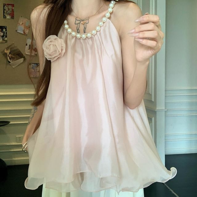 Beaded U-Neck Ruffle Sleeveless Blouse