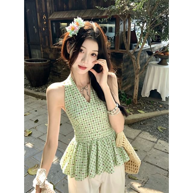 Gingham Check Halter Neck Flowy Top