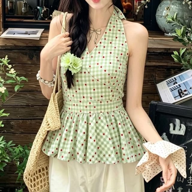Gingham Check Halter Neck Flowy Top
