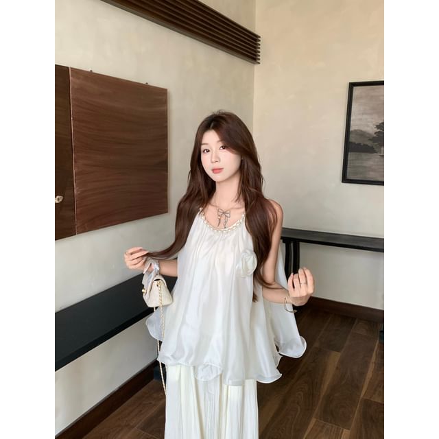 Beaded U-Neck Ruffle Sleeveless Blouse