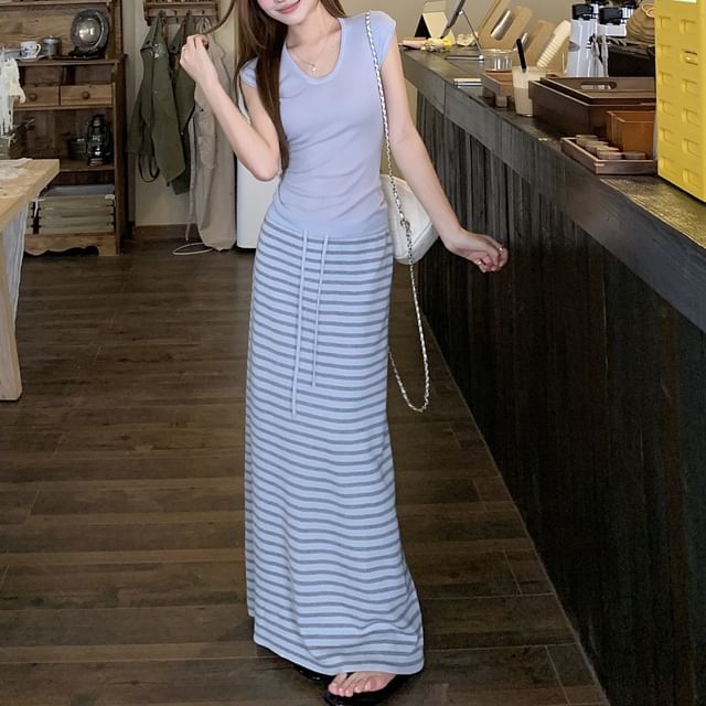 Knit V-Neck Top with Striped Maxi Skirt Set