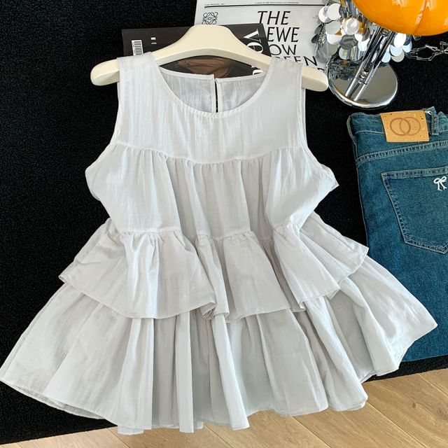 Tiered Sleeveless Top with Round Neckline