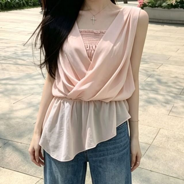 Asymmetric Mock Two-Piece Wrap Top
