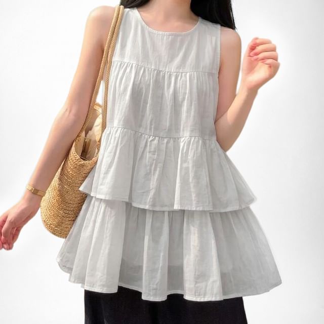 Tiered Sleeveless Top with Round Neckline