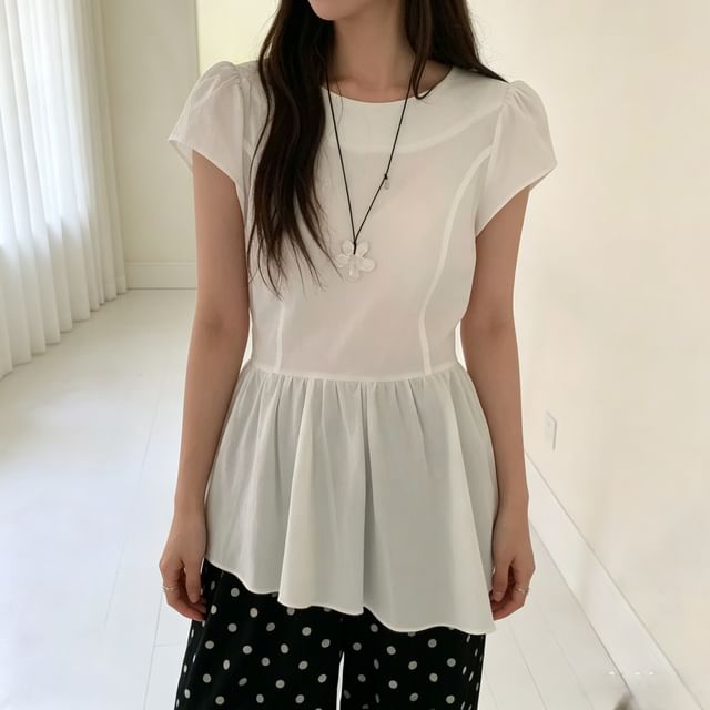 Asymmetric Peplum Blouse with Crew Neckline