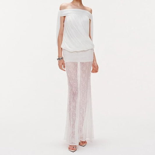 Off-Shoulder Blouse Set with Shirred Bodice & Mermaid Skirt