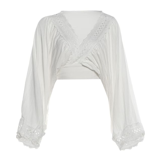 Crop Blouse with Puff Sleeves & Embroidered Trim Plus Asymmetric Slit Skirt