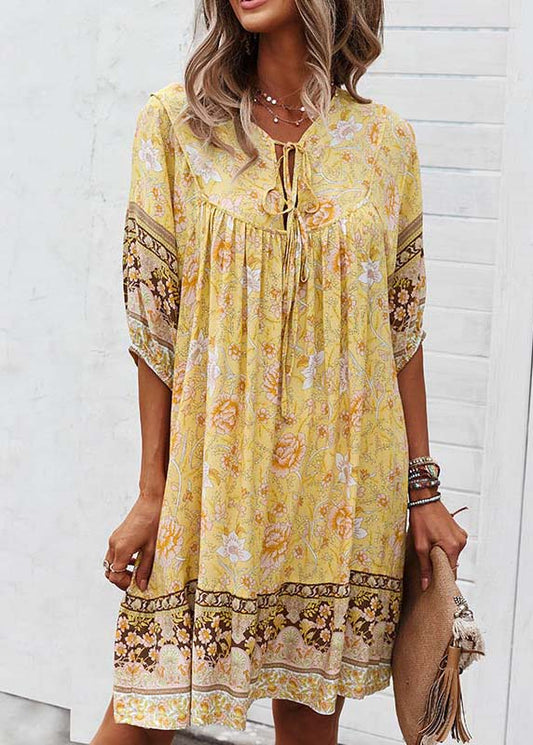 Tie Dress Mid Print Sleeve Yellow Lace Half Beach