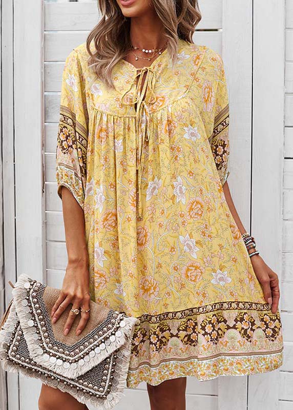 Tie Dress Mid Print Sleeve Yellow Lace Half Beach