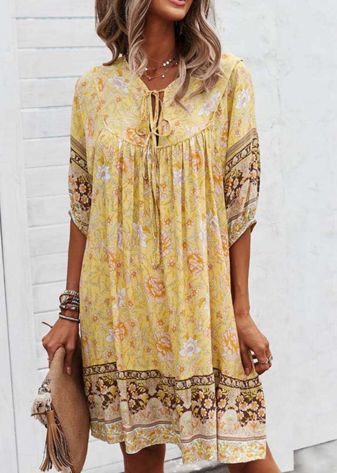Tie Dress Mid Print Sleeve Yellow Lace Half Beach