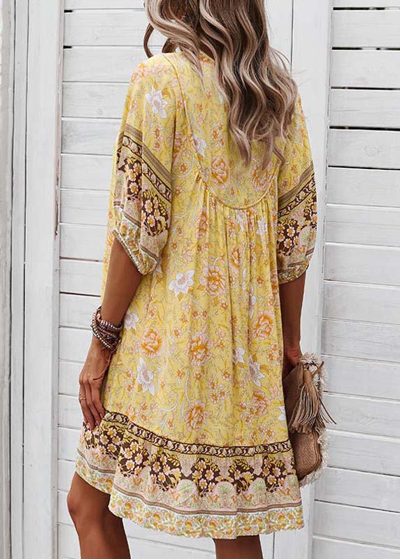 Tie Dress Mid Print Sleeve Yellow Lace Half Beach