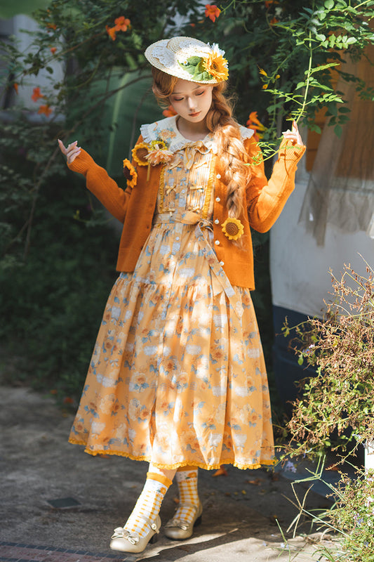 Yellow Sunflower Sleeveless Floral Bow Elegant Jsk Dress
