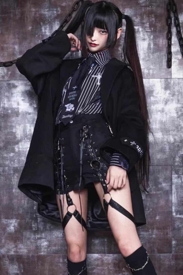 Black Gothic Jirai Kei Detachable Belted Shorts with Leg Harness