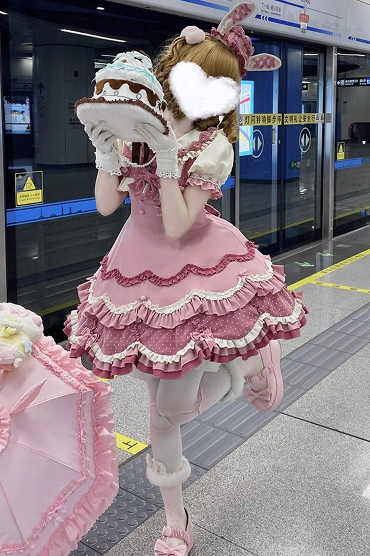 Bunny Parfait Short Sleeve Multi-Layered Ruffled Bow Sweet Lolita Dress - Pink