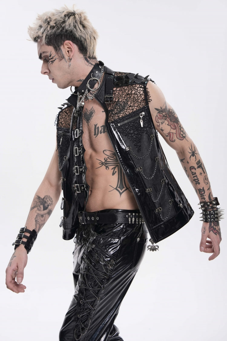 Noir Punk Vest with Chains, Studs, and Mesh Accents