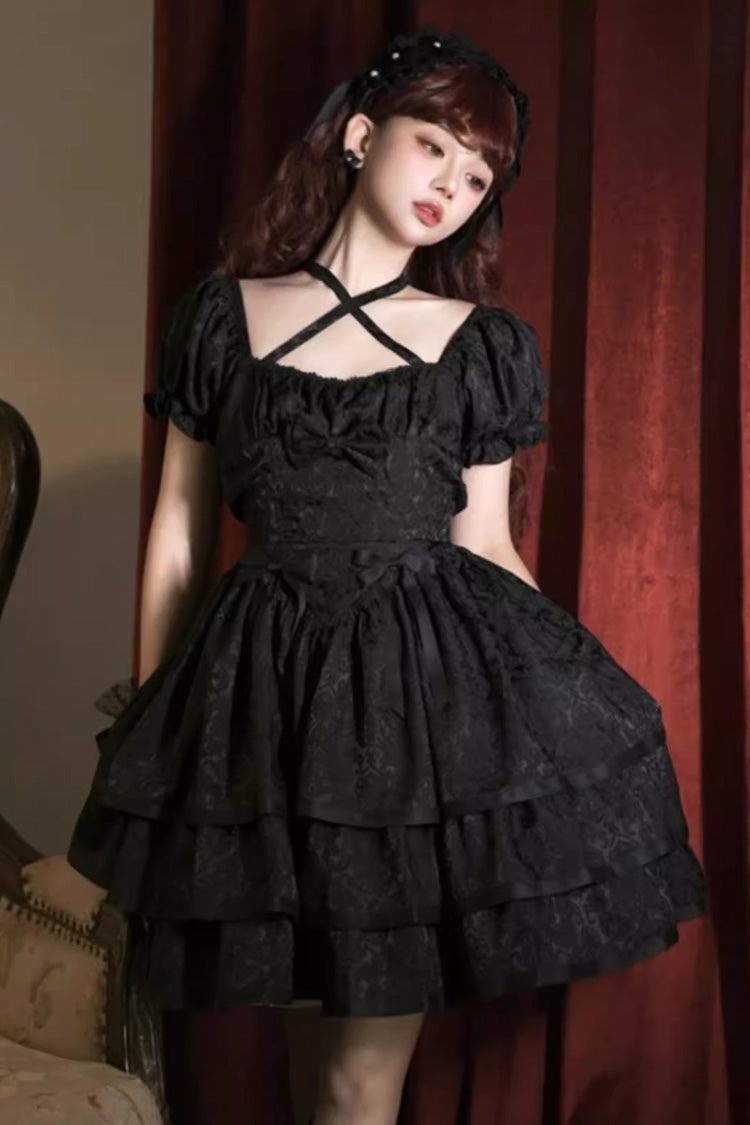 Short Sleeves Multi-layer Ruffle Bowknot Gothic Princess Lolita Dress