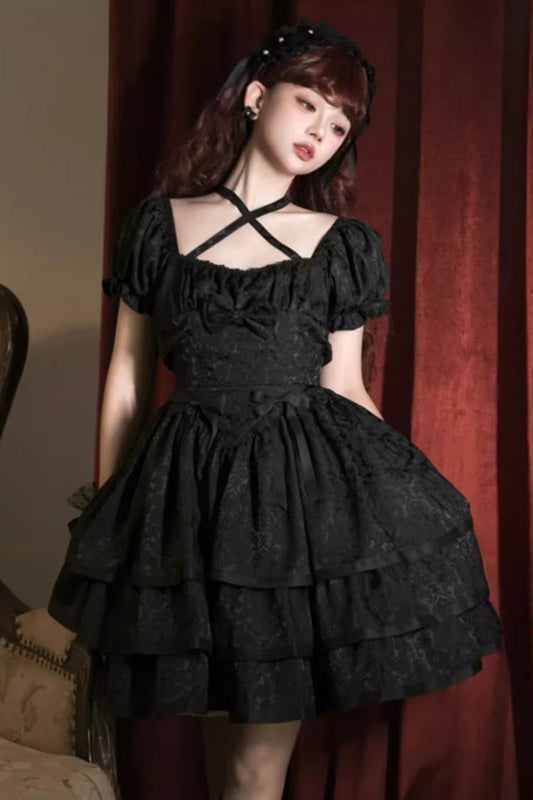 Short Sleeves Multi-layer Ruffle Bowknot Gothic Princess Lolita Dress