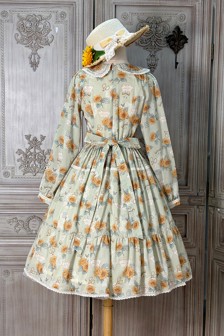 Green Sunflower Long Sleeve Floral Bow Elegant Lolita Dress