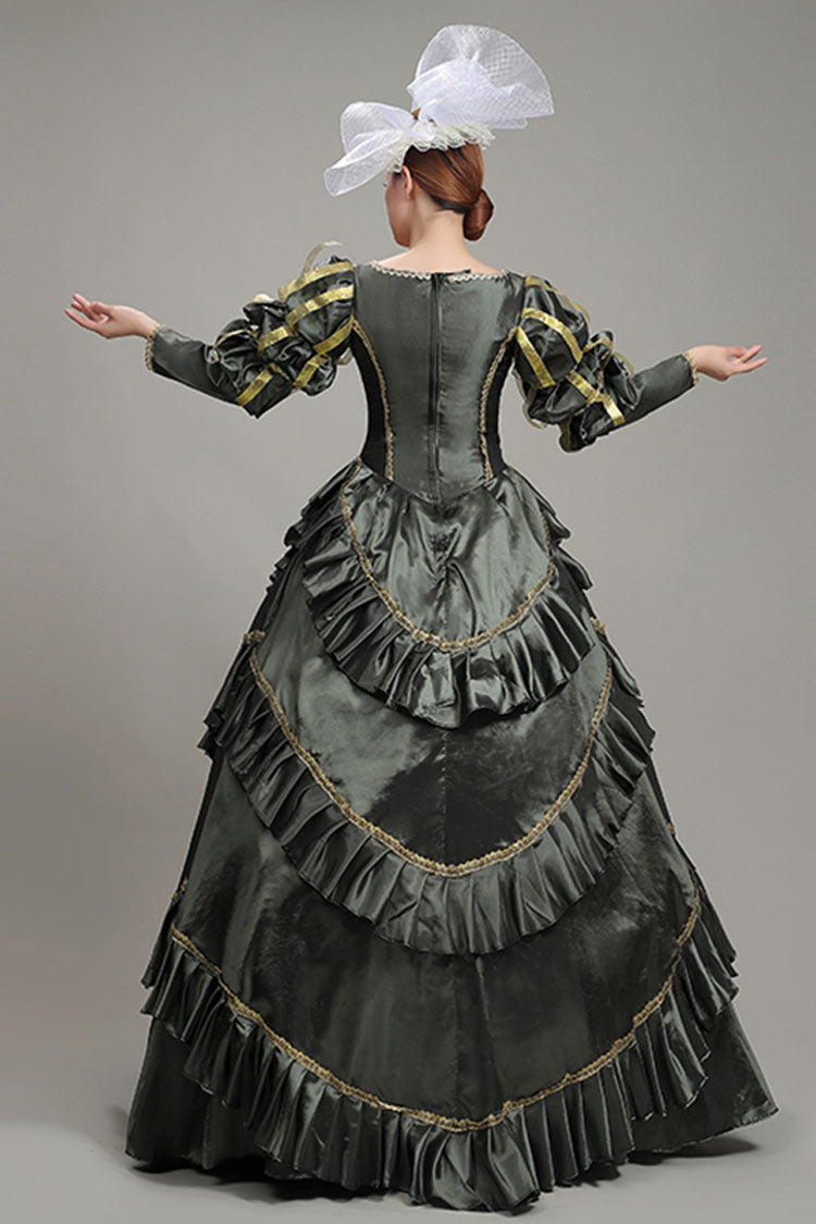 Dark Gray Court Dress with Floral Print and Long Sleeves - Victorian