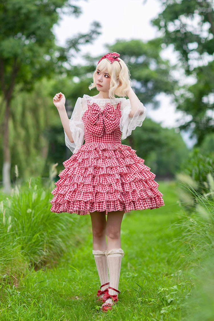 Plaid Print Ruffled Bow Sweet Tiered Dress - 3 Variants