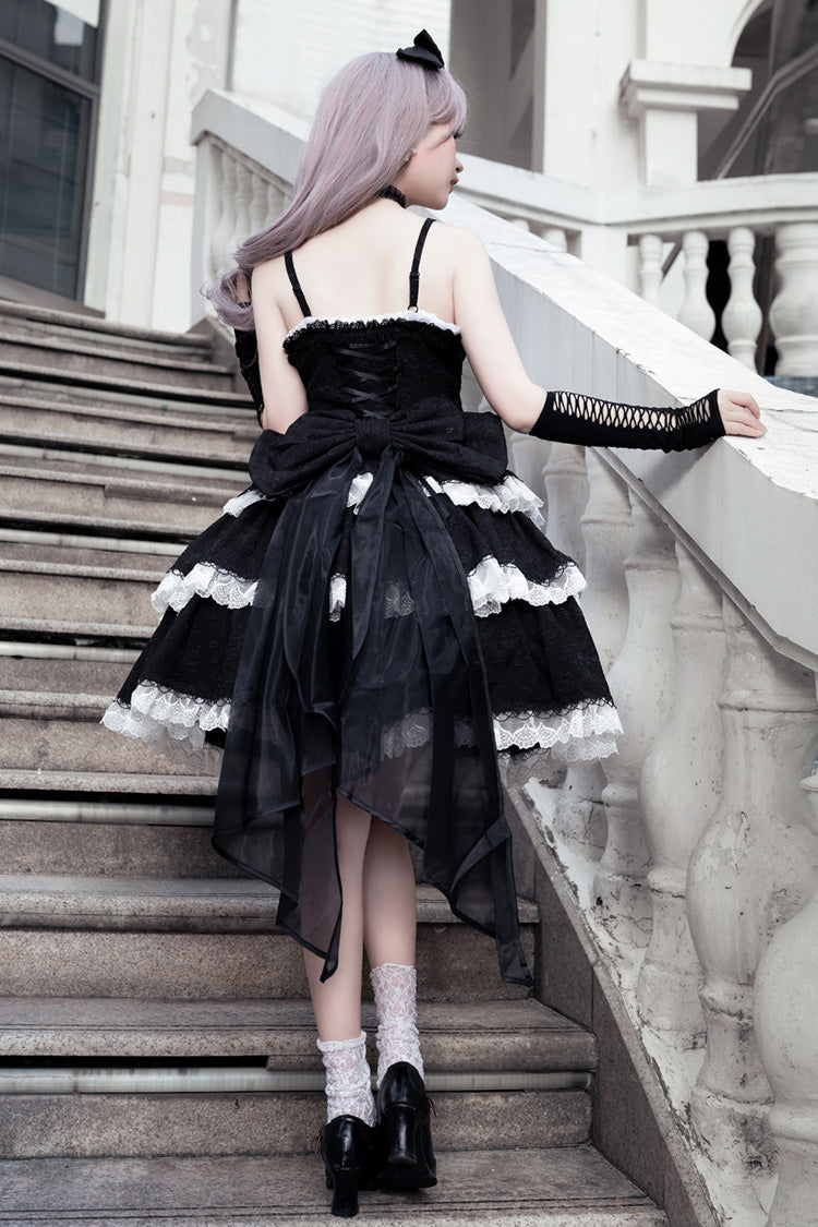 Black Triple-Layered Ruffle Embroidery Bow Gothic Lolita Jsk Dress