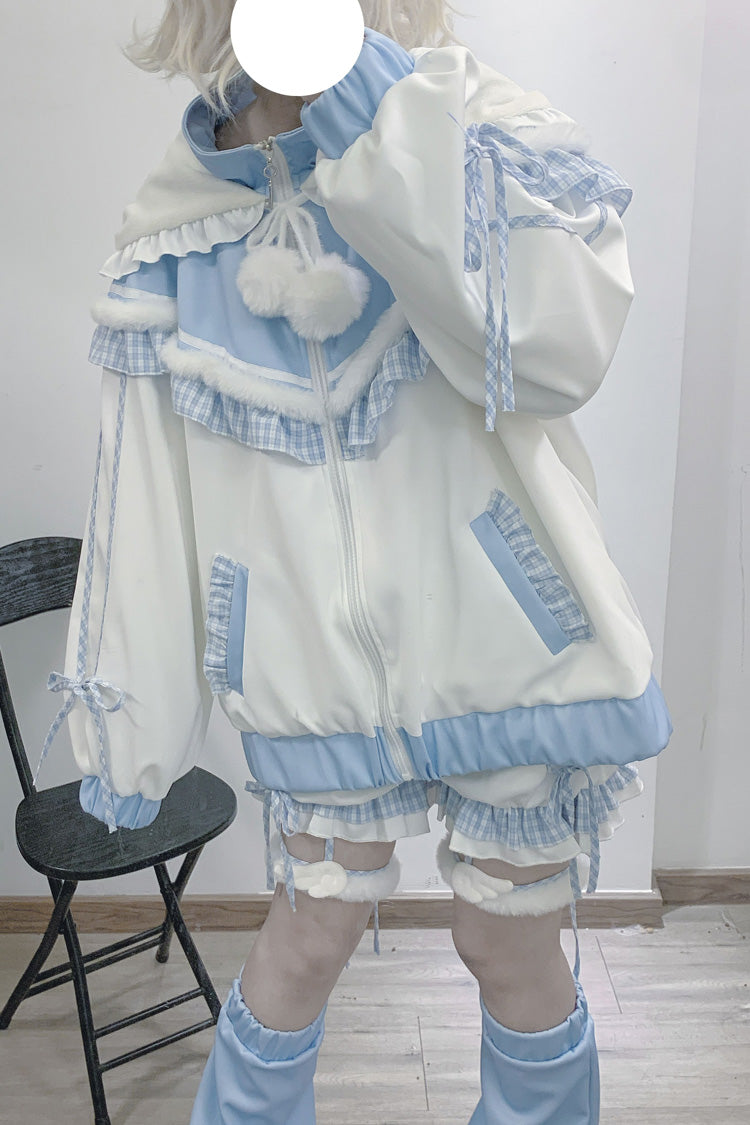 White Blue Long Sleeve Ruffled Hooded Jirai Kei Sports Coat