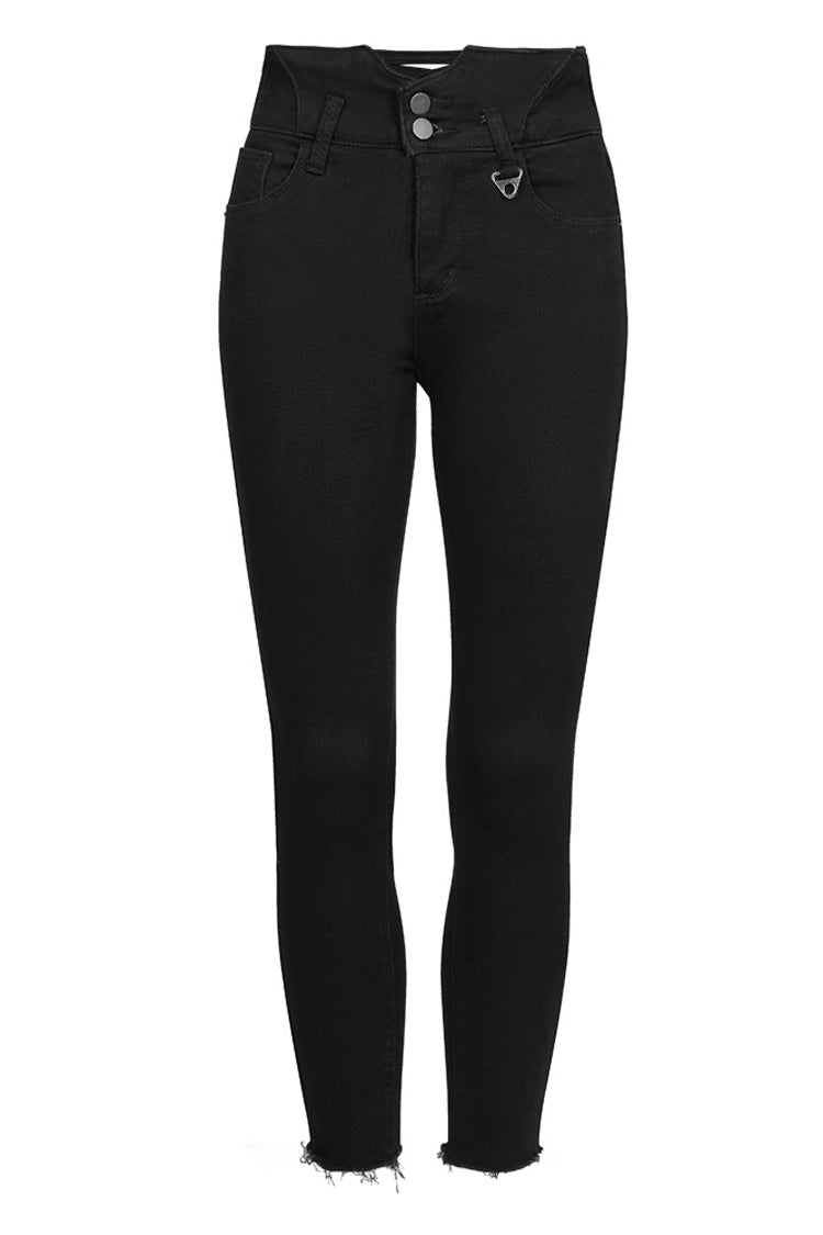 Punk Denim Pants with Metal Decor and Crossed Straps