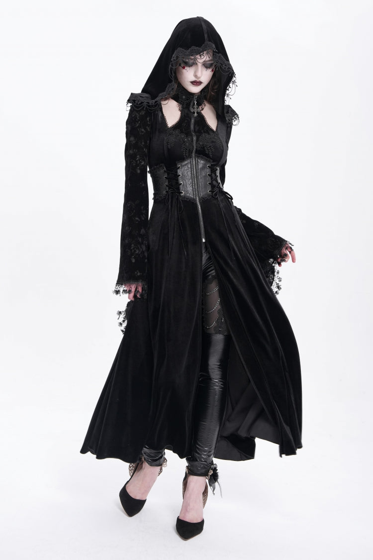 Black Long Sleeves Cutout Embroidered Hooded Ripped Gothic Coat Dress