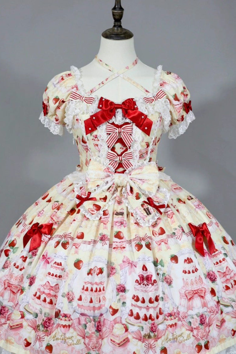 Strawberry Cake Bouquet Print Square Collar Short Sleeve Bow Lace Sweet Lolita Dress - 3 Colors