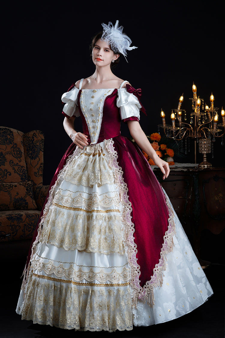 Crimson Apricot Off-Shoulder Short Sleeve Ruffled Cardigan Bow Lace Classic Victorian Lolita Dress