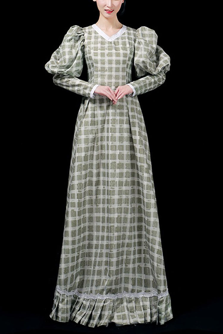 Dark Green Plaid High Waisted Victorian Gown - Ruffled Long Sleeves