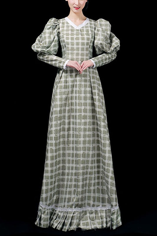 Dark Green Plaid High Waisted Victorian Gown - Ruffled Long Sleeves