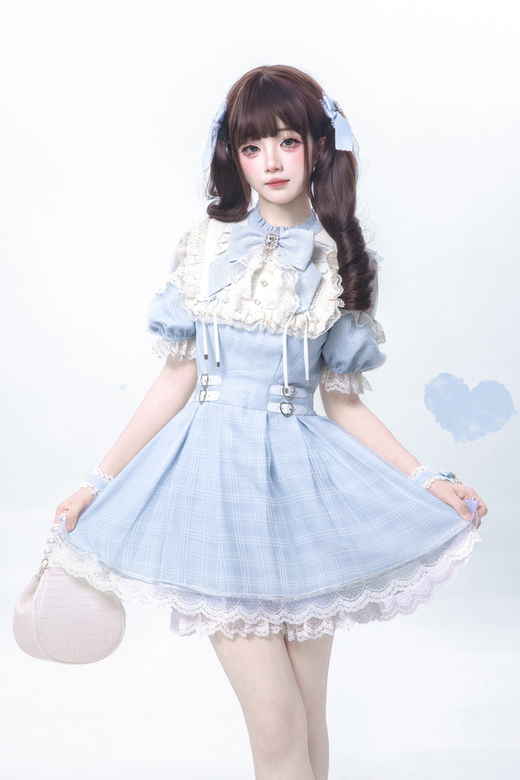Short-Sleeve Plaid Ruffled Lace Jirai Kei Japanese Lolita Dress