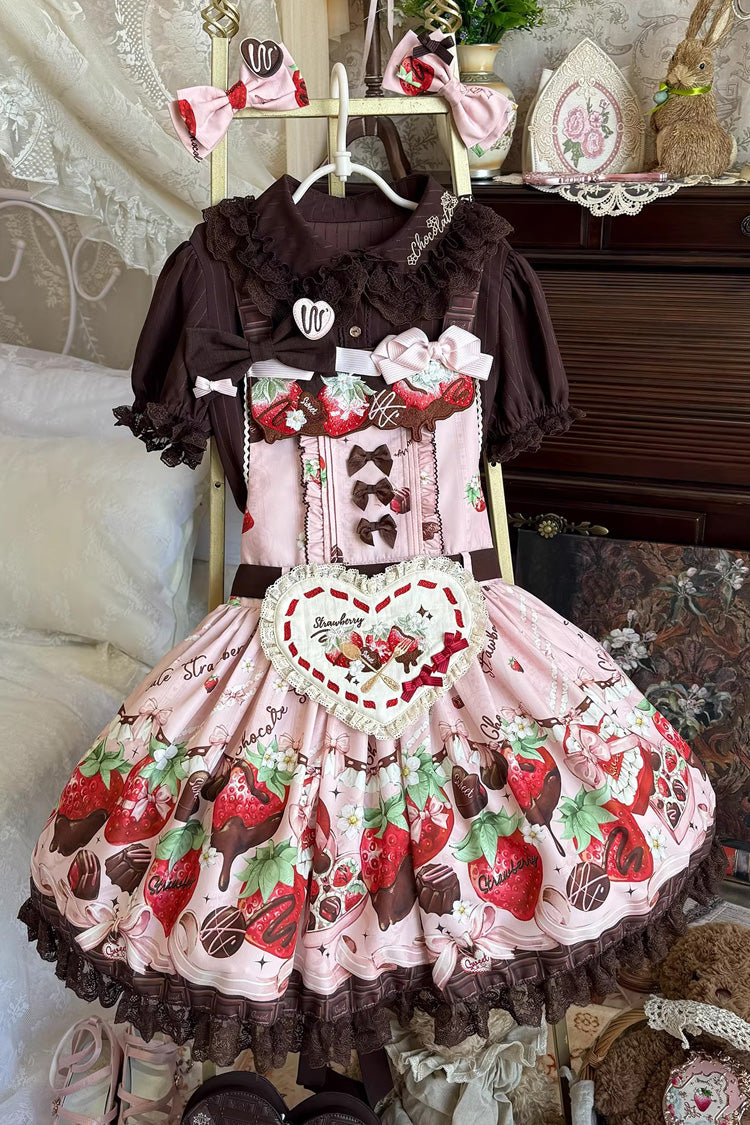 Rose Sleeveless Embroidered Bow Lace Lolita Strap Dress - Strawberry Chocolate Lover