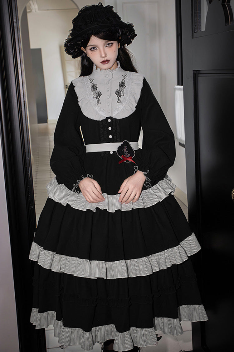 Gothic Ruffle Embroidered Long-Sleeve Dress in 2 Colors - Castle Night