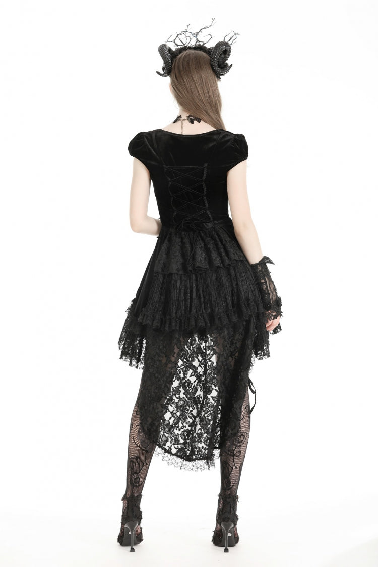 Noir Gothic Velvet Gown with Lace-Up and Square Neckline