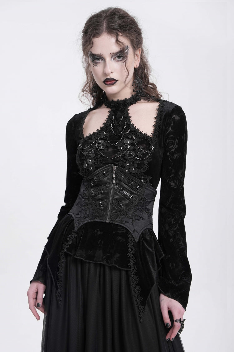 Underbust Corset with Batwing Beaded Lace-Up & Zip Closure