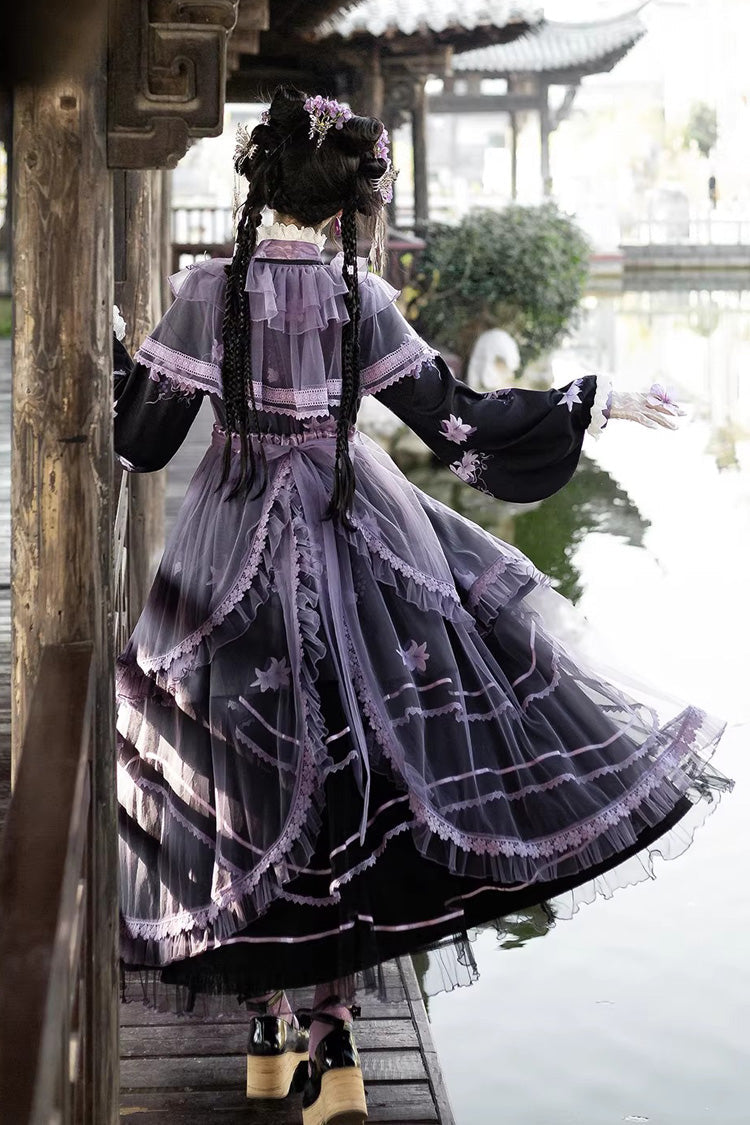 Stand Collar Long Sleeves Ruffled Embroidered Bow Classic Chinese Elegant Lolita Dress Set