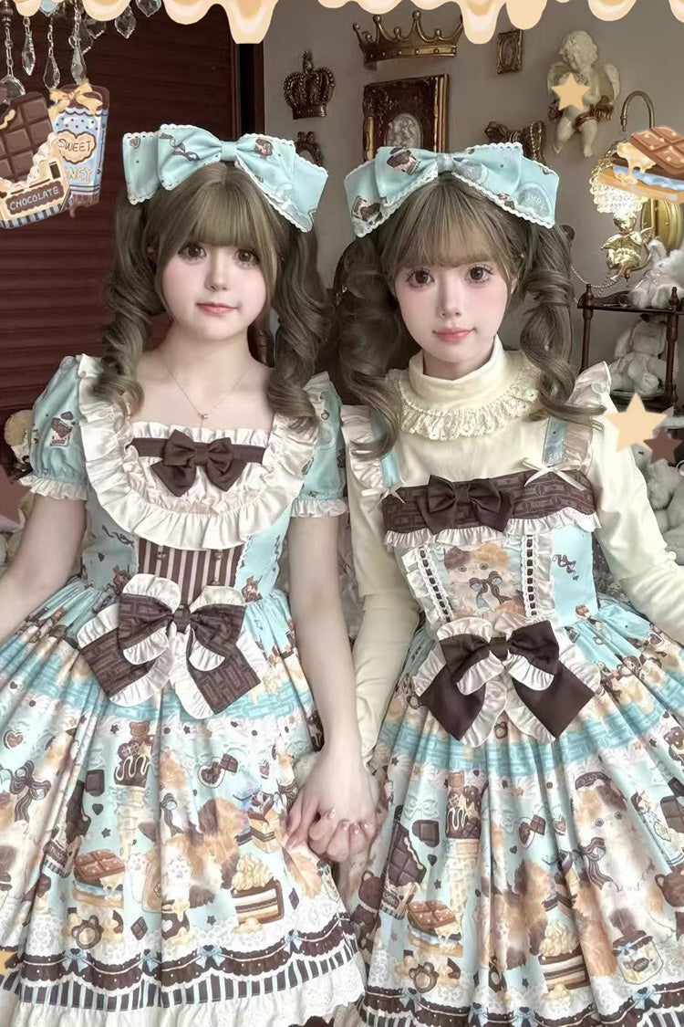 Square Collar Sleeveless Ruffled Bow Daily JSK Dress in 2 Colors - Chocolate Cake Party
