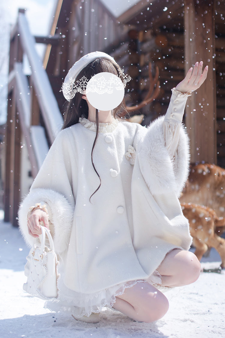 Ivory Lace Sweet Japanese Fluffy Cape Coat