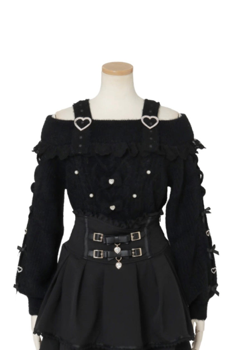 Fluffy Heart Elegant Knit Top with Boat Neckline and Sleeve Bows