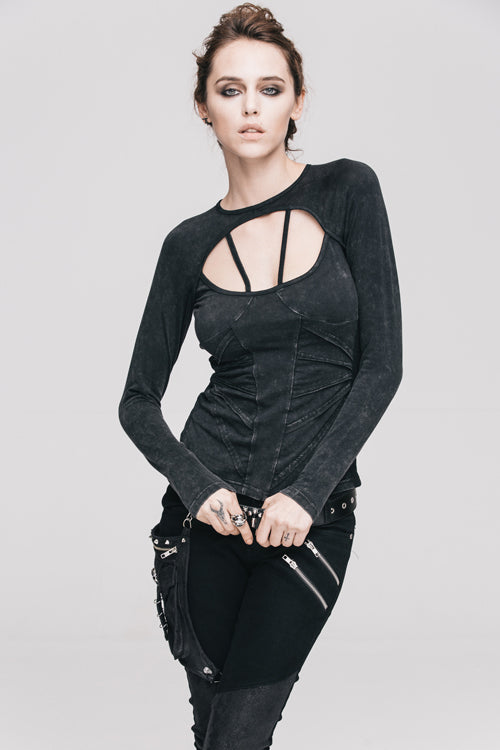 Women's Punk T-Shirt with Hollow Out Long Sleeves Straps Design