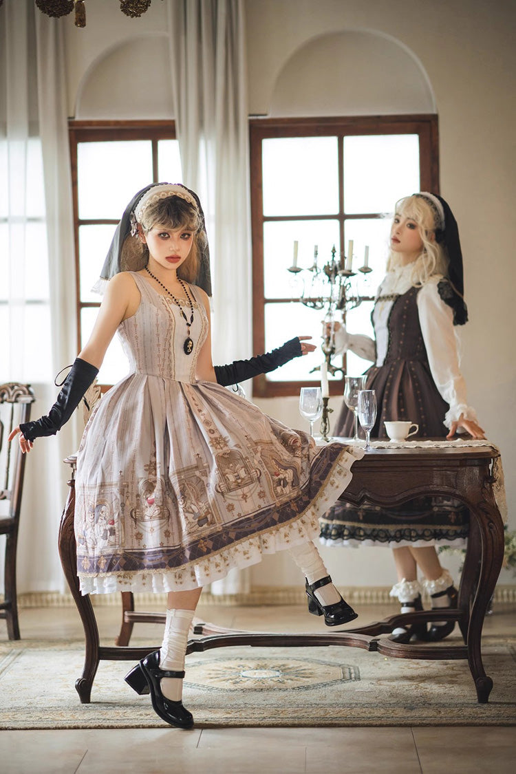 Printed Jumper Dress with Ruffles - Sweet Gothic Lolita