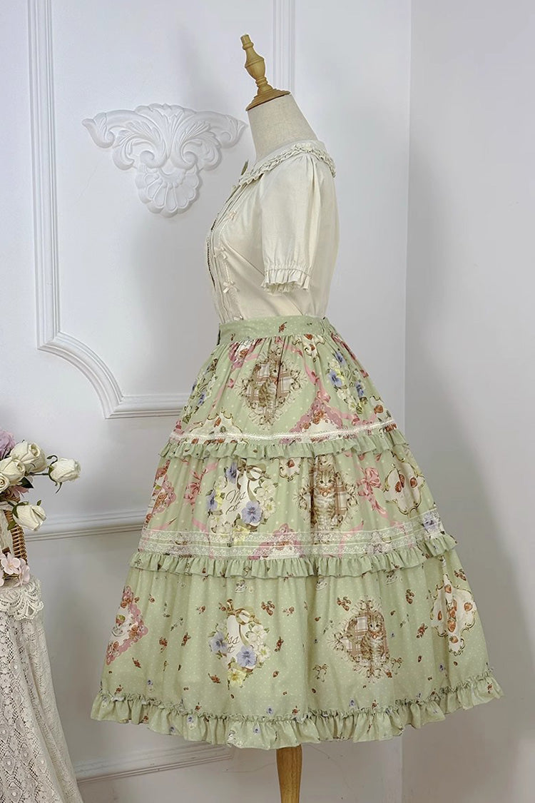 Green Cat Rose Tea Print Daily Sweet Lolita Skirt