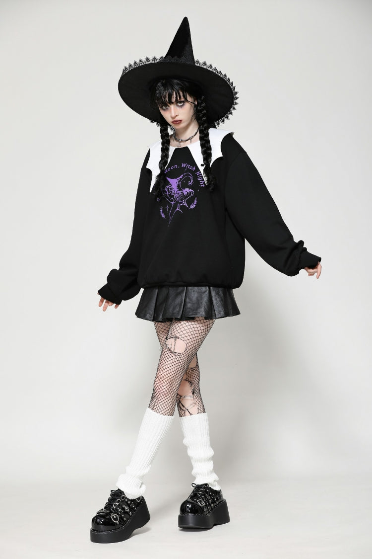 Monochrome Gothic Vintage Sweatshirt with Peter Pan Collar and Long Sleeves