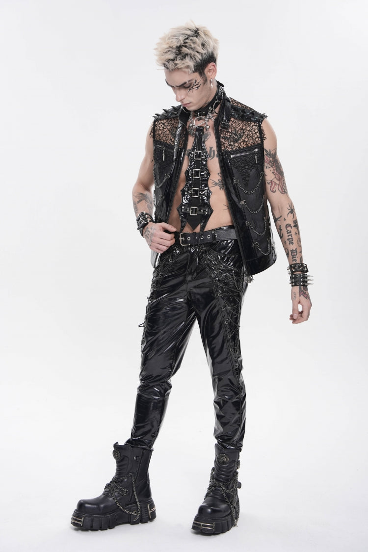 Noir Punk Vest with Chains, Studs, and Mesh Accents