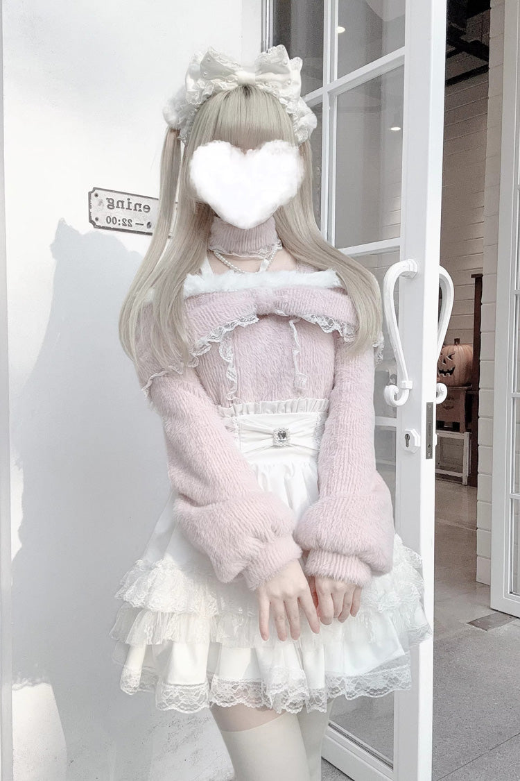 Off Shoulder Long Sleeves Lace Sweet Japanese Fleece-Lined Top