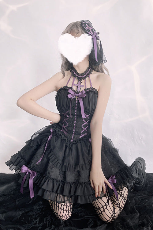 Purple-Trimmed Sleeveless Bow Ruffled Layered Lolita Gown