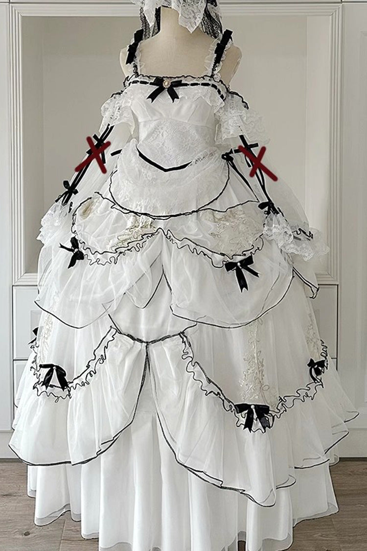 Cascade Poem Sleeveless Multi-Layered Ruffled Hanayome Bow Lace Gothic Plus Size Gorgeous Lolita JSK Long Dress - White