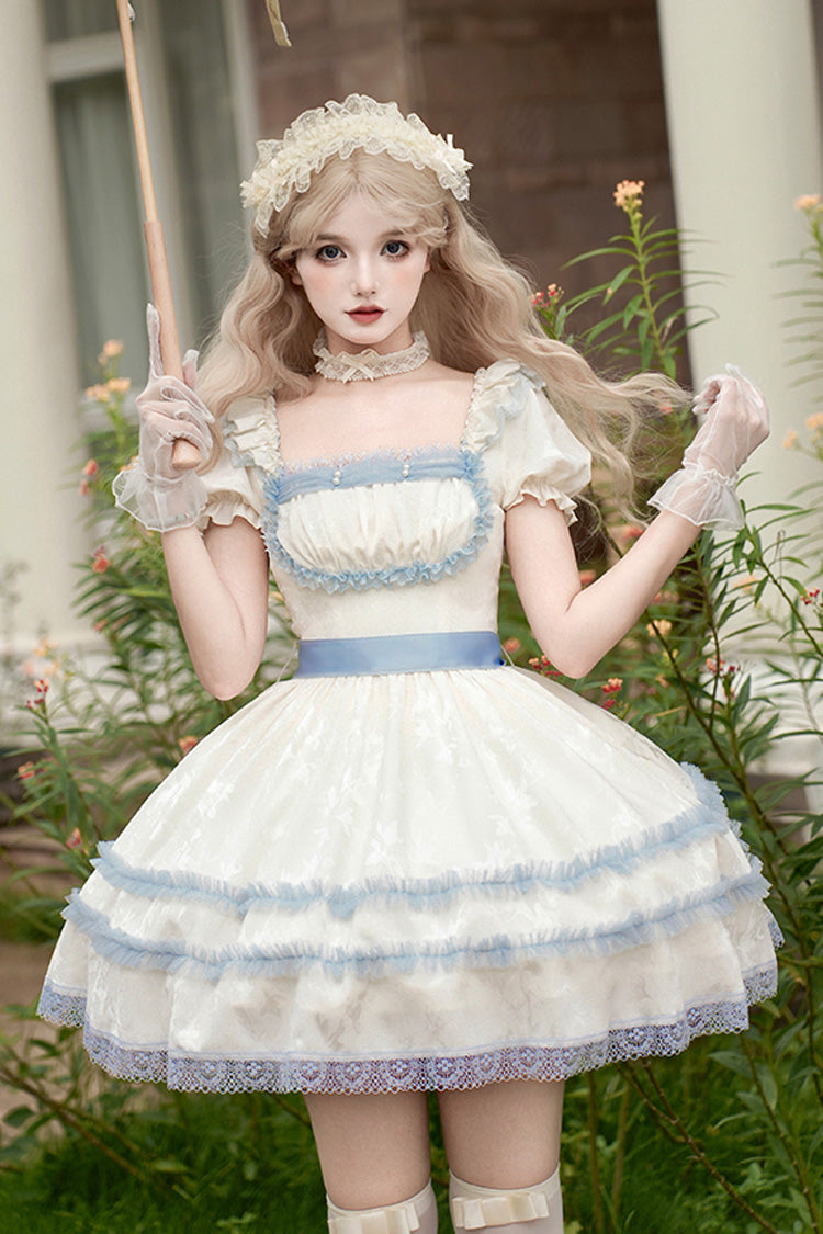 Ivory Square Collar Short Sleeve Ruffle Fishbone Sweet Short Dress - Sea Salt Iced Tea